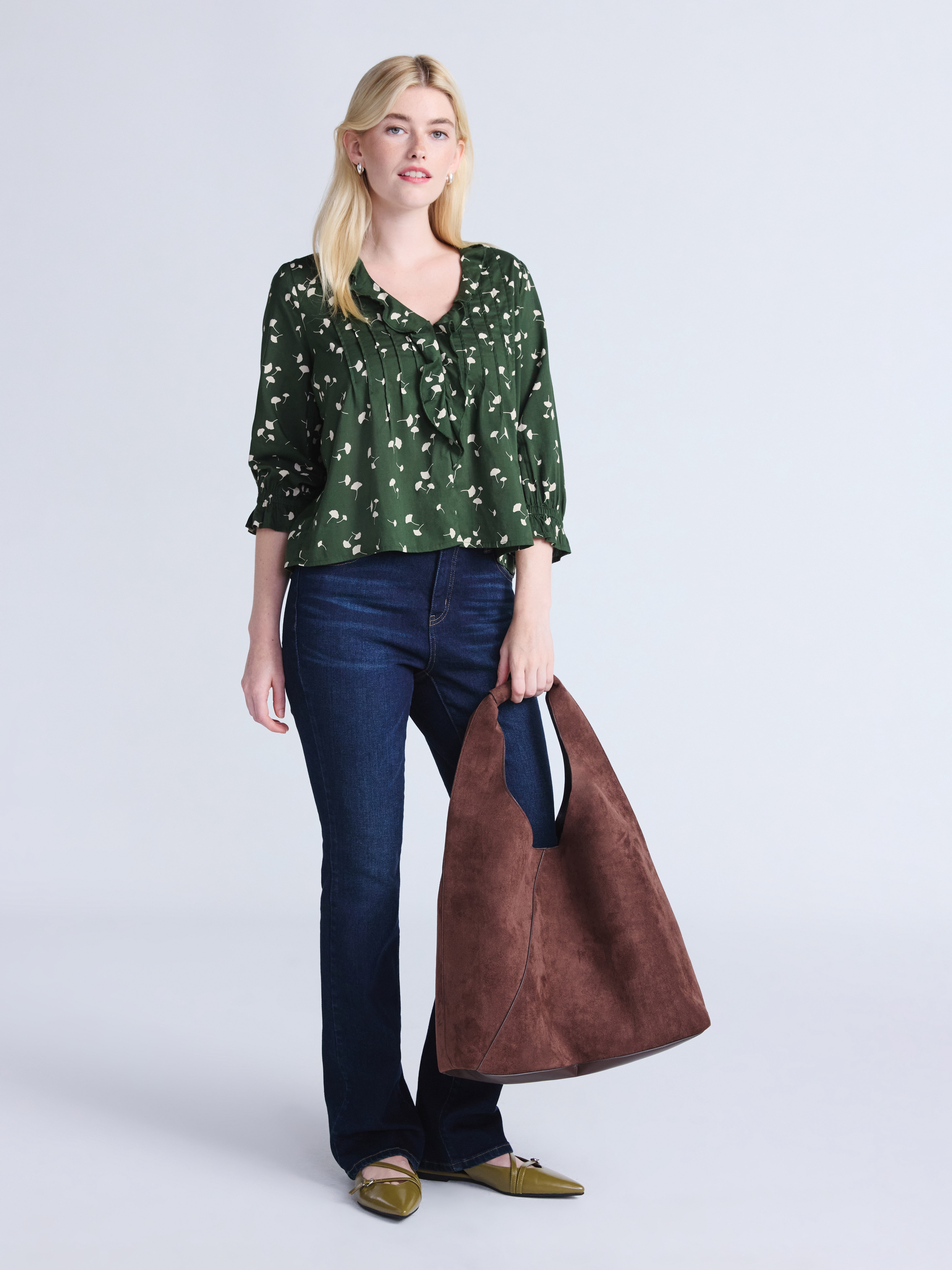 Time and Tru Women's Ruffle Neck Blouse with 3/4-Length Sleeves, Sizes XS-XXXL