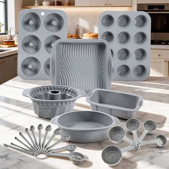 Nonstick Silicone Bakeware Set, 23pcs Baking Cake Pan Measuring Spoon, Economical Heat Resistant Bakeware Suppliers Tools Kit Silicone Brush for DIY Loaf Bread Cheesecake Pizza Cupcake Muffin Grey