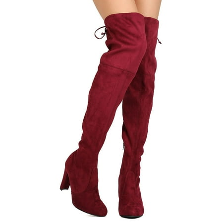 Heel Black Thigh High Boots - New Women Wild Diva Amaya-01 Faux Suede Thigh High Drawstring Chunky Heel Boot