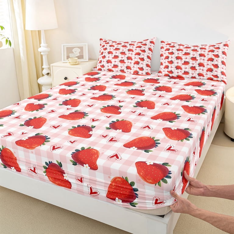 Erosebridal Strawberry Heart Checkered Fruit Bed Sheets for Girls ...