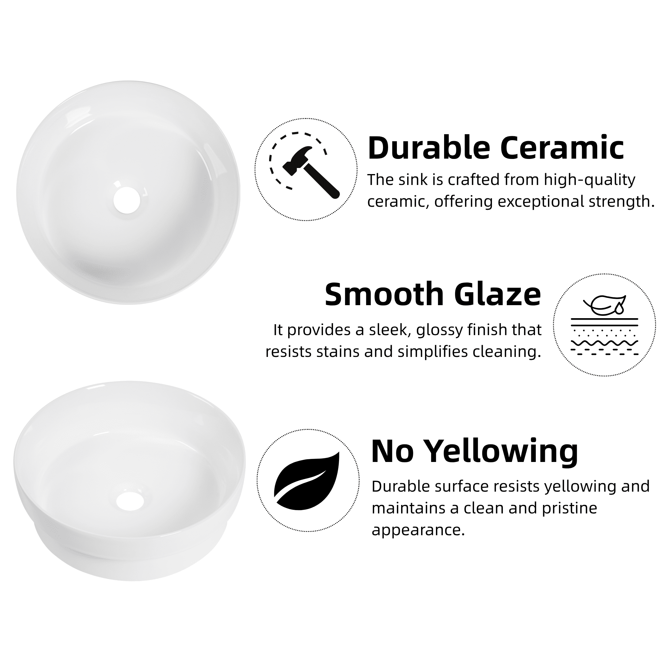 Los Flexi 14" Round Ceramic Semi-Recessed Bathroom Sink without Overflow, White Vessel Basin with Glossy Scratch-Resistant Finish, Drop-In or Countertop Installation