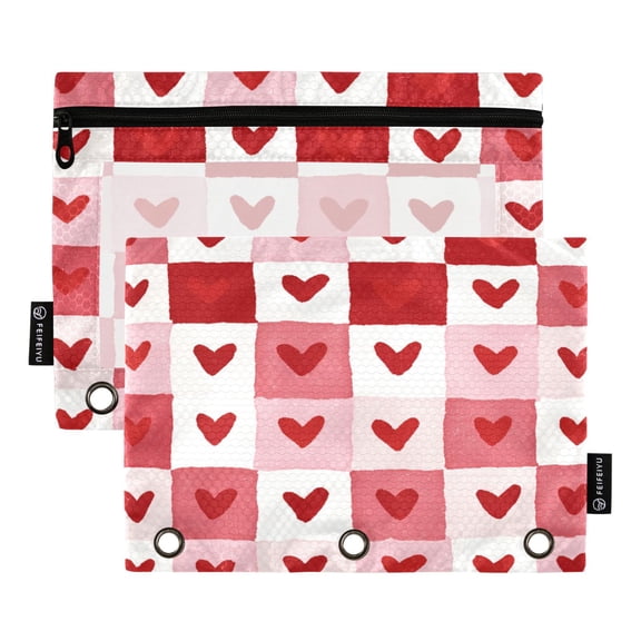 2 Pack 3 Ring Binder Pouch with Clear PVC Window Water Resistant Zipper Pencil Pouch Soft Heart Checkerboard Binder Pocket for Classroom Office Home Stationery Organization