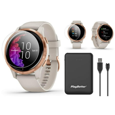 Garmin Venu (Light Sand/Rose Gold) Fitness GPS Smartwatch Power Bundle | +PlayBetter 2200mAh Portable Charger & PlayBetter HD Screen Protector Film (4-Pack)