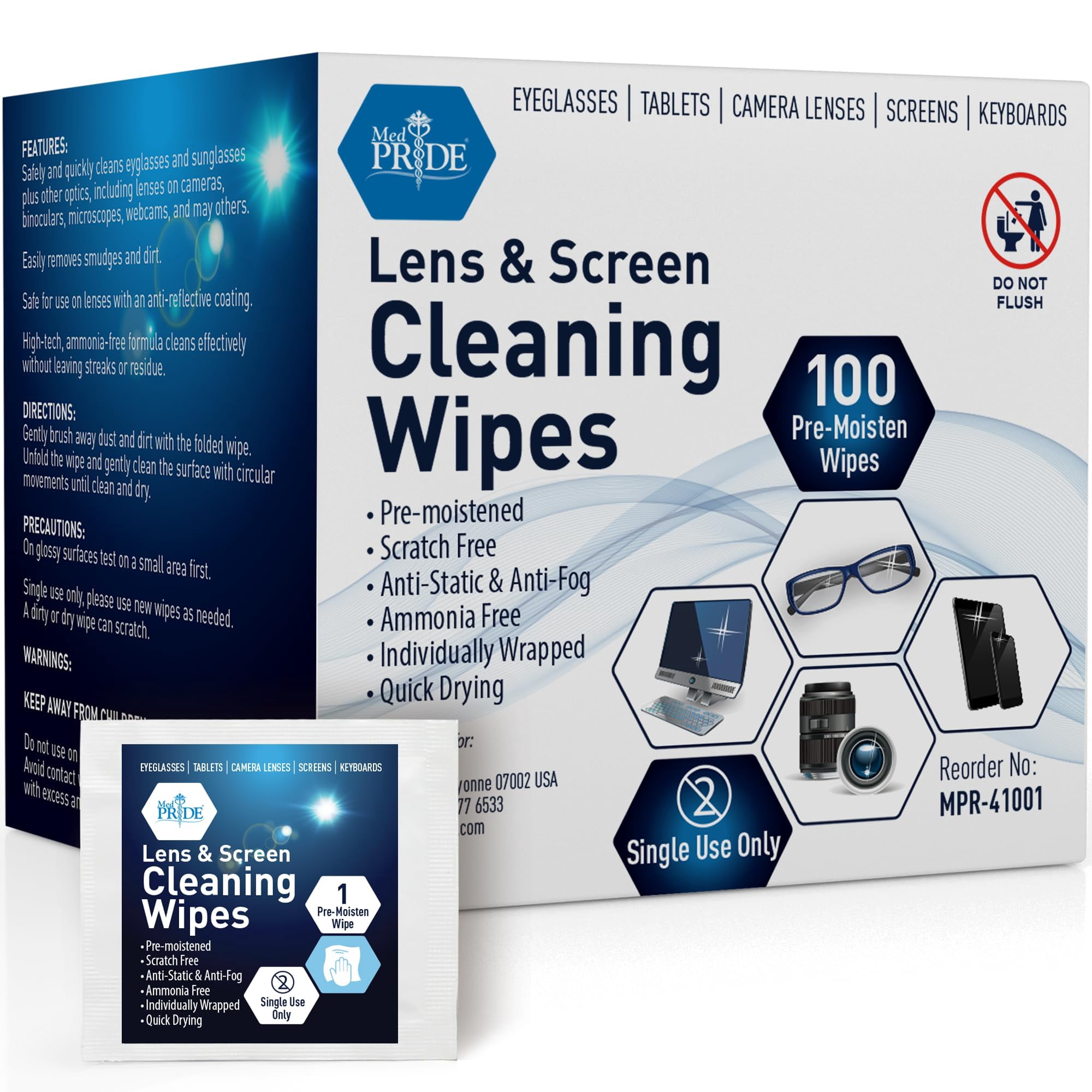 MEDPRIDE Anti-Fog Lens Wipes & Screen Wipes – 100 Count Premoistened, Anti-Static, Quick-Dry Lens & Screen Cleaner Wipes for Eyeglasses & Electronics