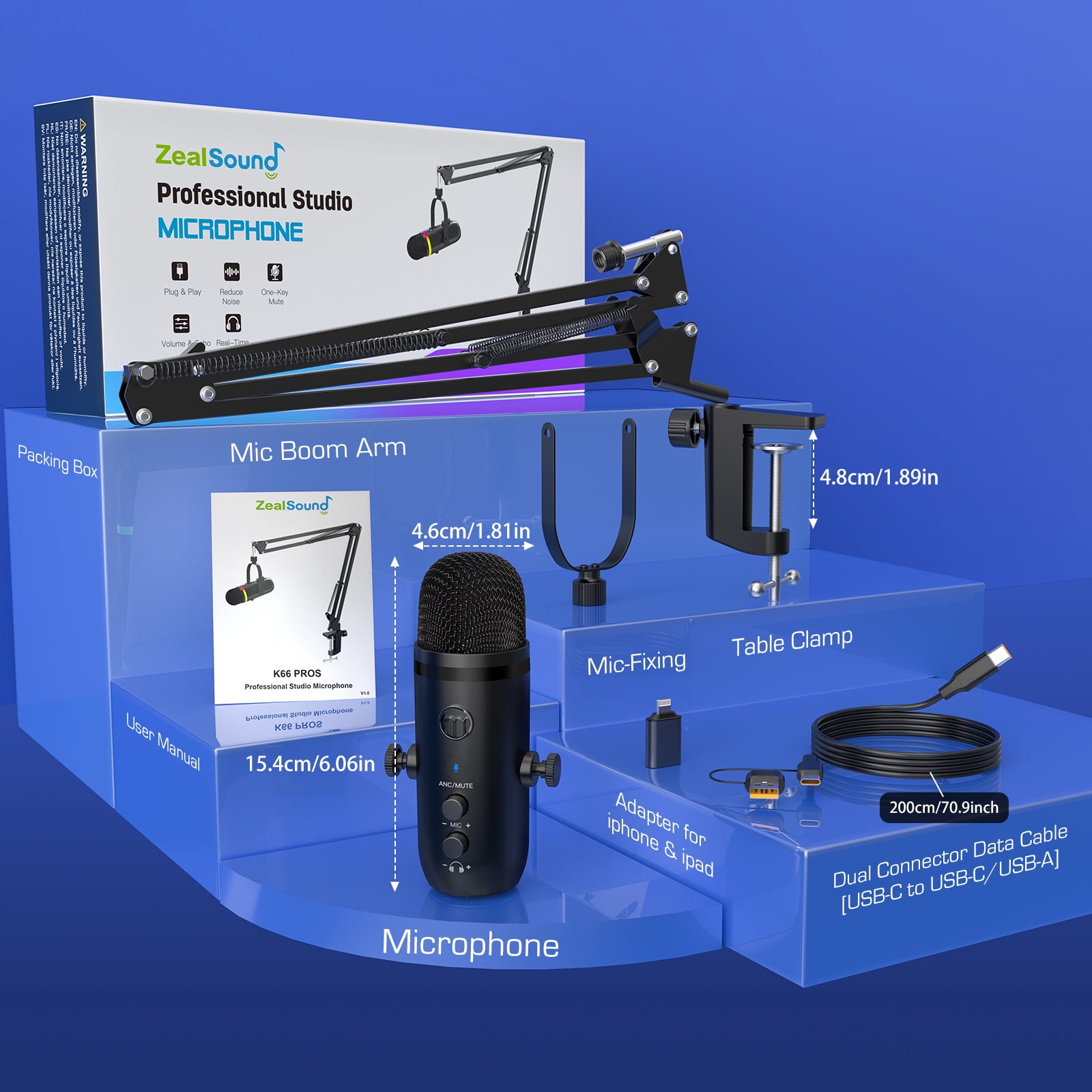 ZealSound Podcast Microphone for PC/Mac/iPhone – USB Studio Mic with Noise Cancellation, RGB Lighting, Mute, Gain, Monitoring & Echo, Boom Arm & Pop Filter, Streaming, Recording, TikTok, YouTube