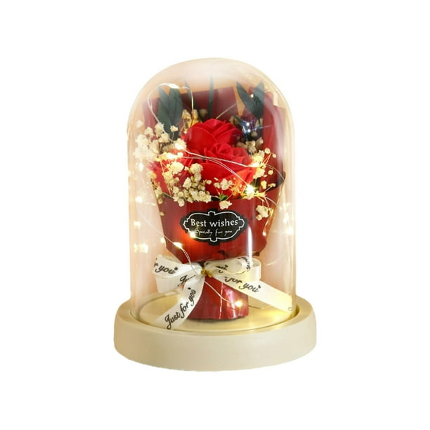 Ramos de flores de jabón, flores preservadas, jabón en cúpula de cristal para aniversario Rojo