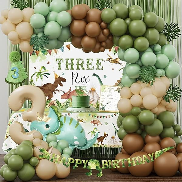 Dinosaur 3rd Birthday Decorations Kit - Blue & Green Balloons, Banner, Cake Toppers For Boys Party