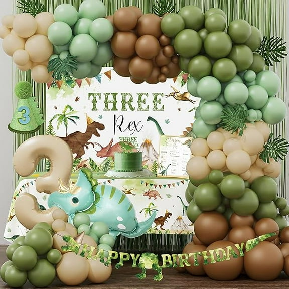 Three Rex Birthday Party Decorations Boy, Dinosaur 3rd Birthday Party Supplies, Three Rex Backdrop Tablecloth Fringe Curtain Balloon Arch Cake Topper Birthday Banner Hat