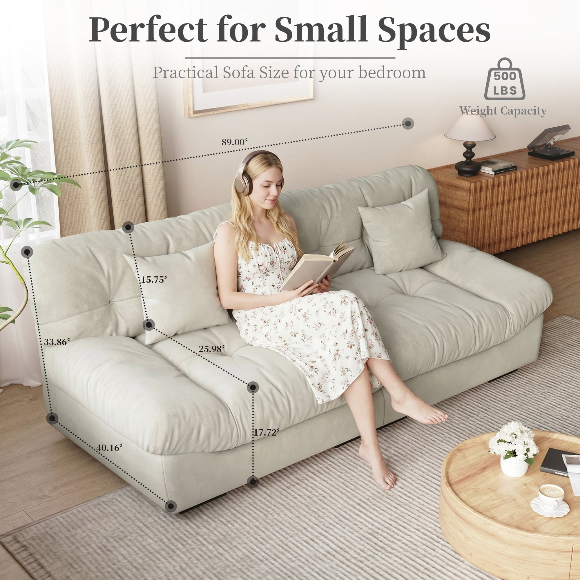 Magic Home 89" Cloud Sofa,Modern Velvet Couch,3-Seat Sofa for Living Room,Apartment and Small Space,Beige
