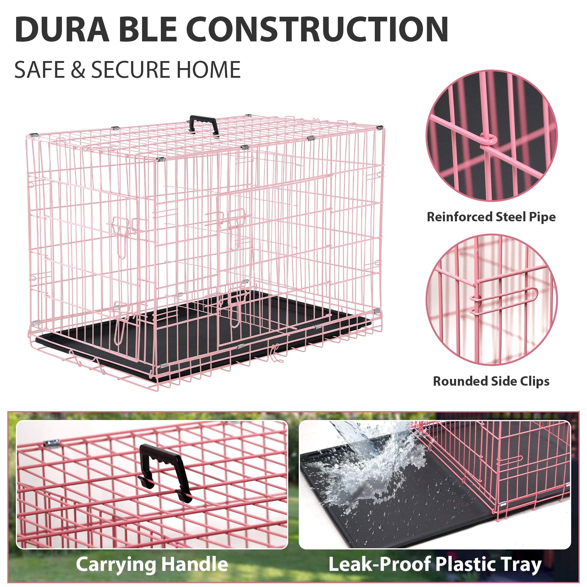 CL.HPAHKL 48 Inch Dog Crates for Large Dogs with Divider, Foldable Metal Wire Dog Crate with Double Door, Locks, Leak-Proof Pan Tray, Handle Metal Dog Kennel for Indoor, Outdoor, Travel, Pink