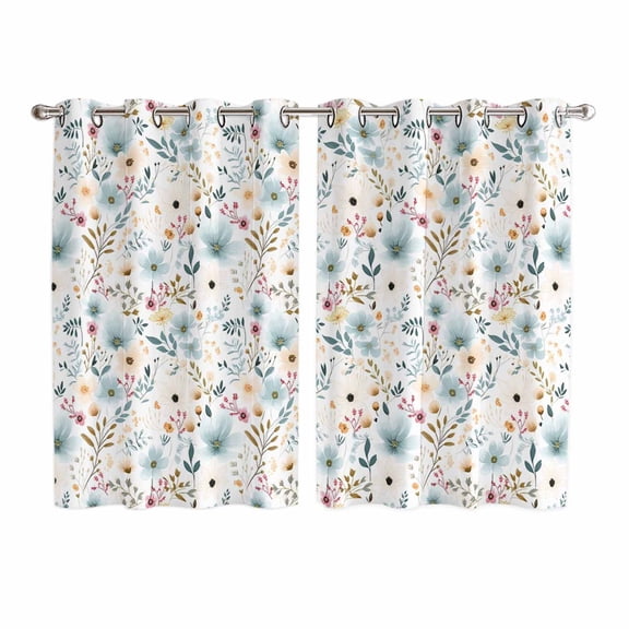 Pastoral Botanical Kitchen Curtains 72 Inch Length, Watercolor Teal Yellow Spring Floral Grommet Top Bedroom Living Room Curtains, Light Filtering Cafe Curtain Drapes 2 Panels Set 104''x72''