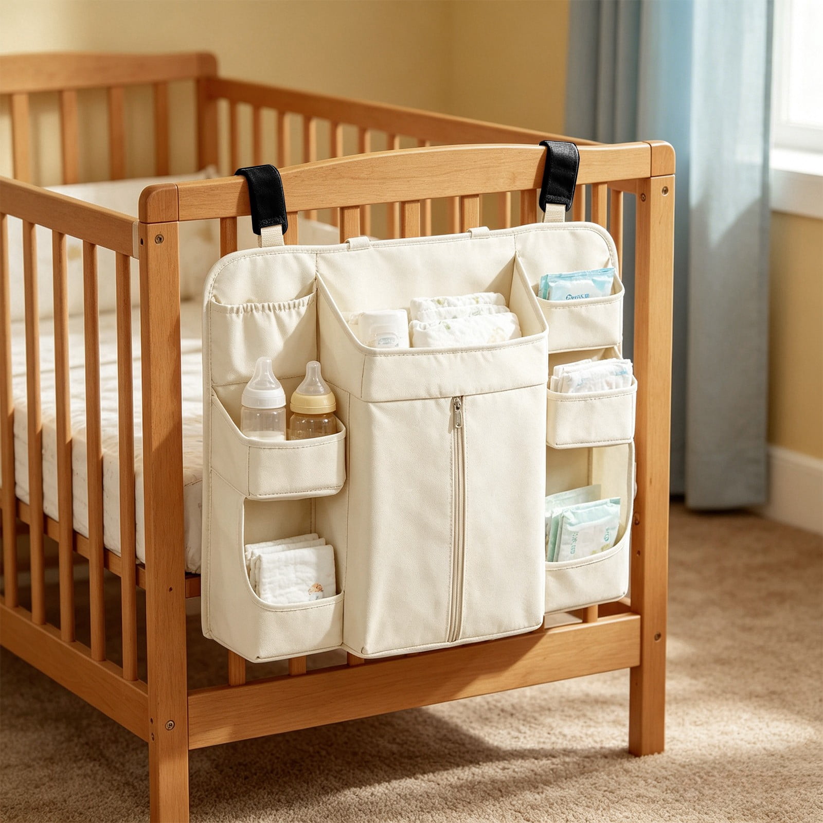 Hanging Crib Organizer with Multi-Pockets, Baby Diaper Caddy Storage Bag, Washable Nursery Organizer for Diapers, Bottles, Wipes and Baby Essentials Beige