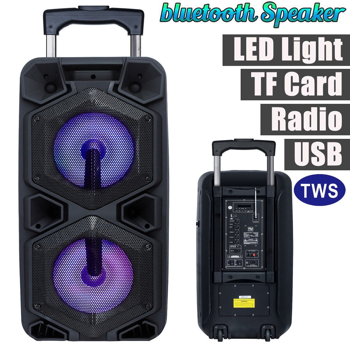 TWS Bluetooth Speaker Trolley Dual 10" Woofer Party FM Karaoke DJ LED