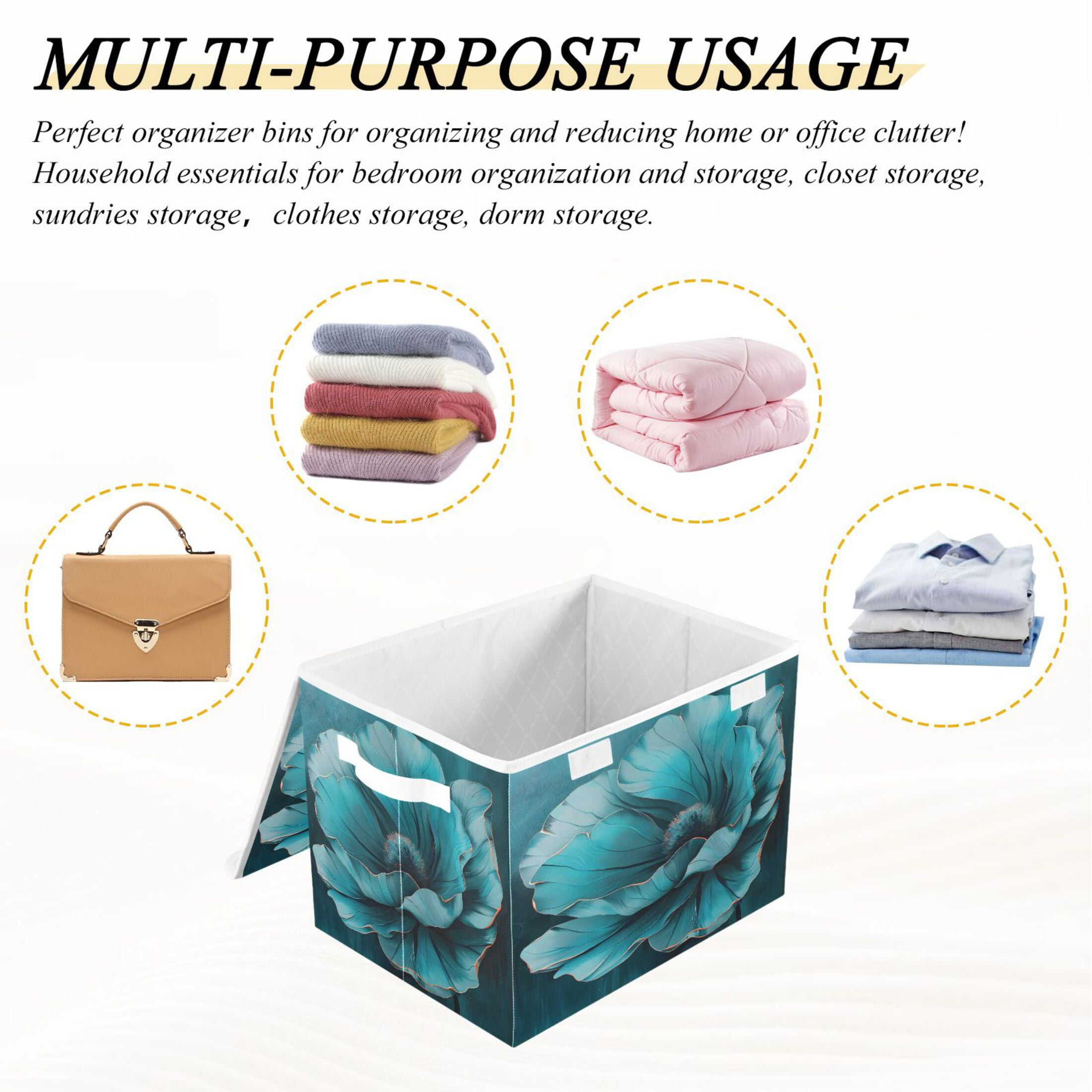 Ryvnso Teal Flower Large Lidded Foldable Storage Baskets Cubes Boxes Lids Bin for Home