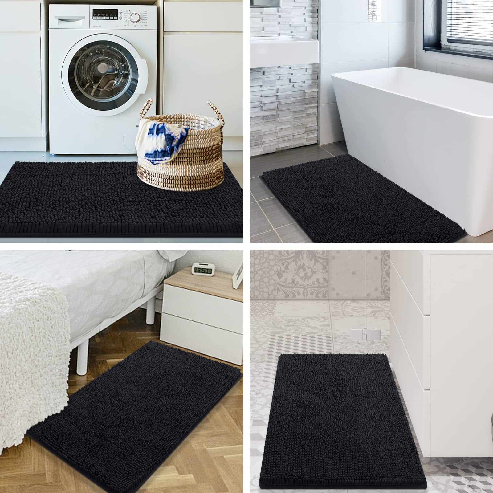 Smiry Luxury Chenille Bathroom Rugs, Extra Soft and Absorbent Bath Mat, Black, 17"x47"