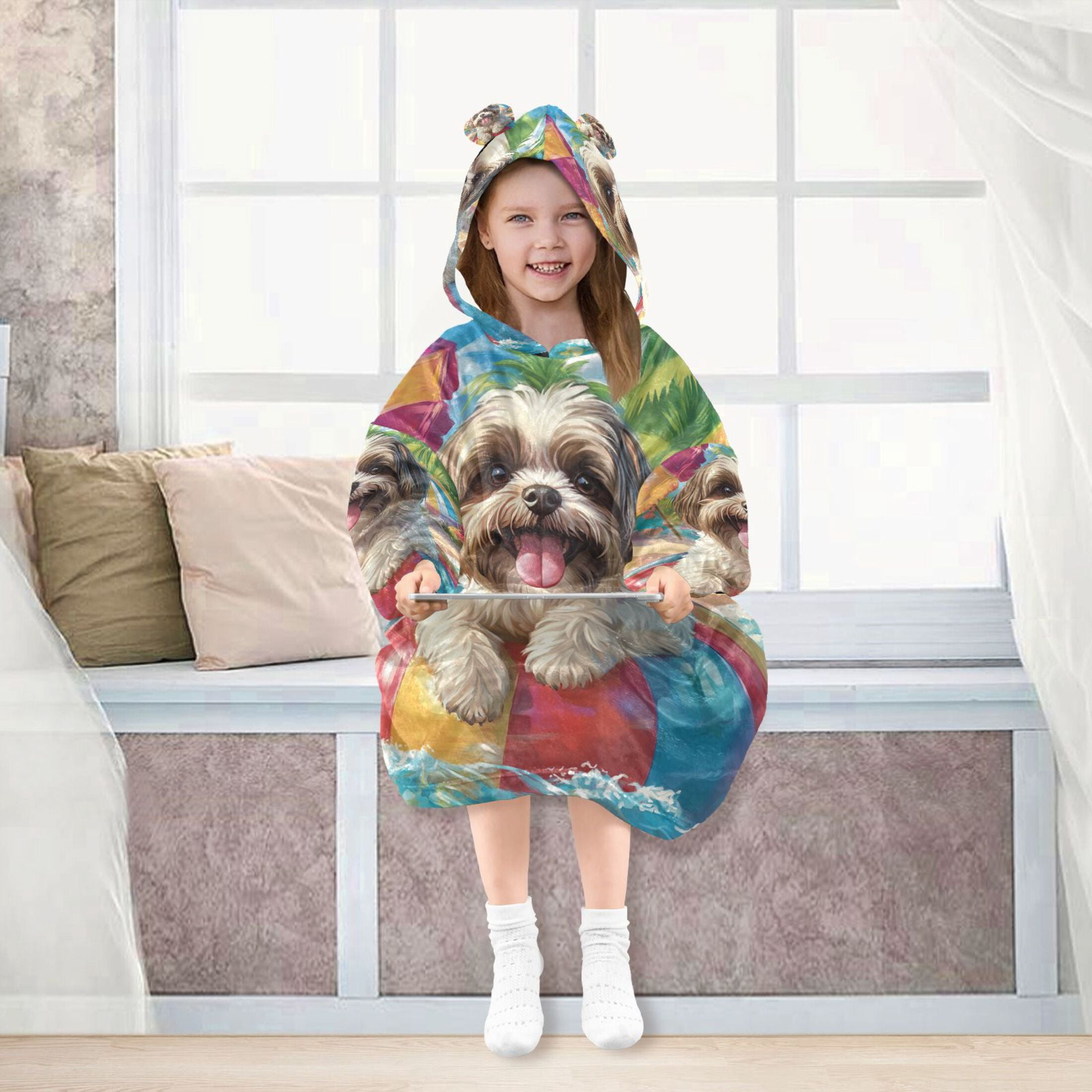 YAZAOO Kids Wearable Blanket Hoodie Warm and Cozy Playful Poolside Pup Flannel Sweatshirt