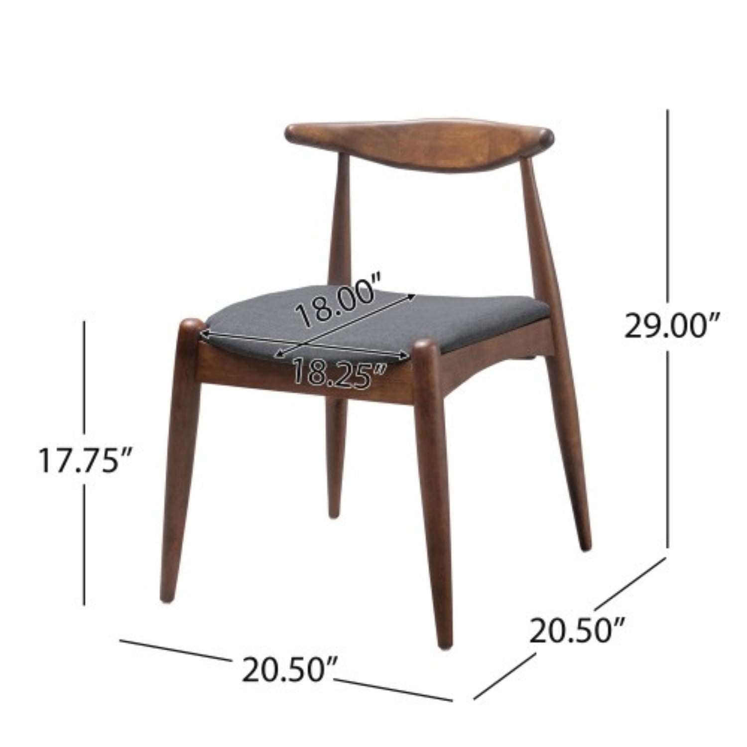 Set of 2 Rubberwood Dining Chairs with Ergonomic Backrest, Upholstered Cushion Seats & Solid Wood Frame, Mid-Century Dining Room Chairs, Walnut, Charcoal