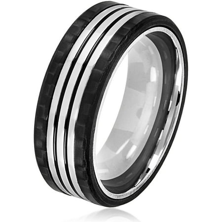 Crucible Stainless Steel Carbon Fiber Triple-Striped Comfort Fit Ring (8mm)