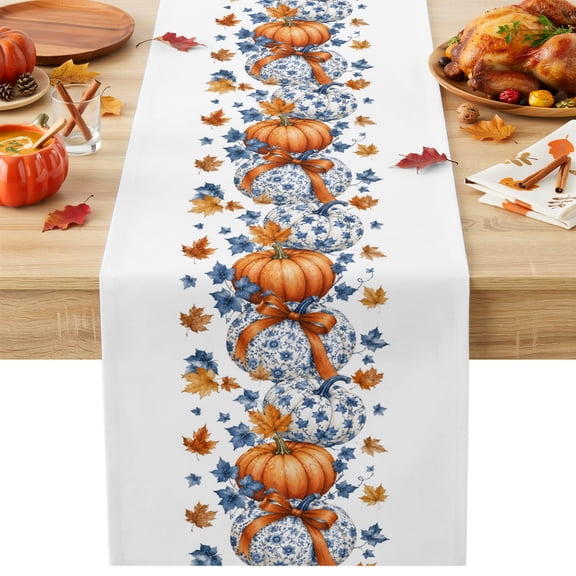 Fall Orange Blue Pumpkins Cotton Linen Rectangle Table Runners 13"x36", Thanksgiving Autumn Maple Leaves Coffee Table Runner Dresser Scarves Table Runners for Wedding Party Banquet Dinner Decor