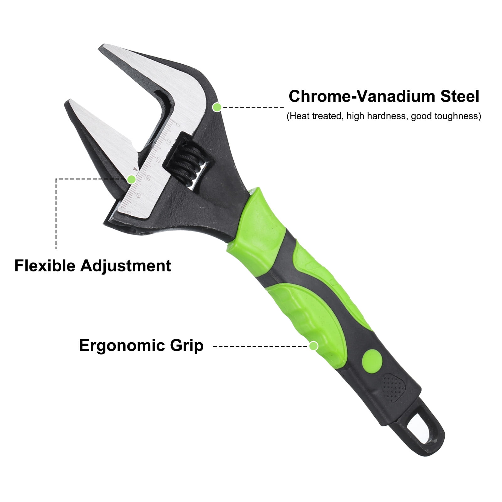 1pcs Adjustable Wrench 10" CR-V Universal Spanner Wide Opening, Black/Green