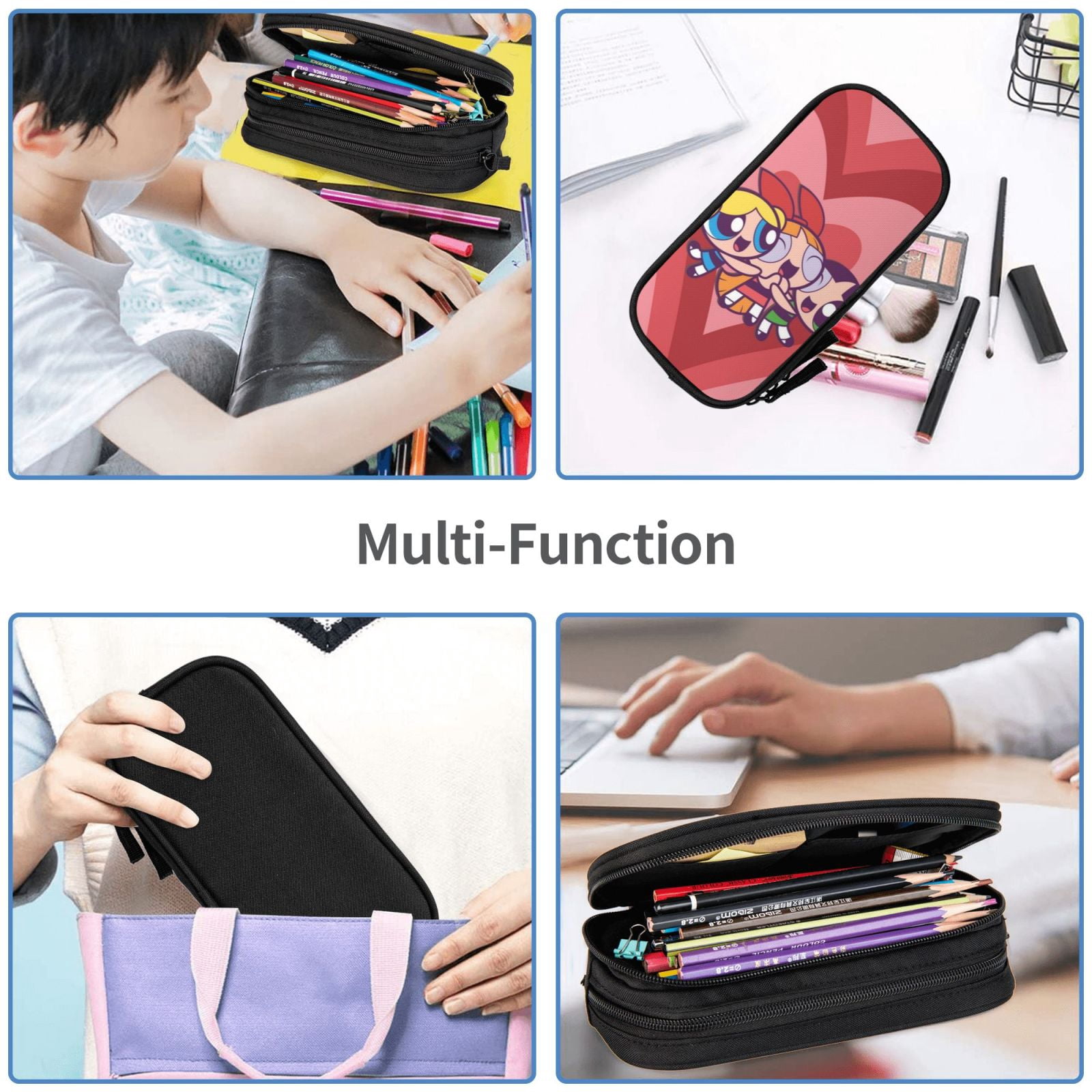 The Powerpuff Gi-rls Pencil Case Large Capacity Pencil Pouch Pen Bag Office Stationery Organizer Travel Makeup Bag Black