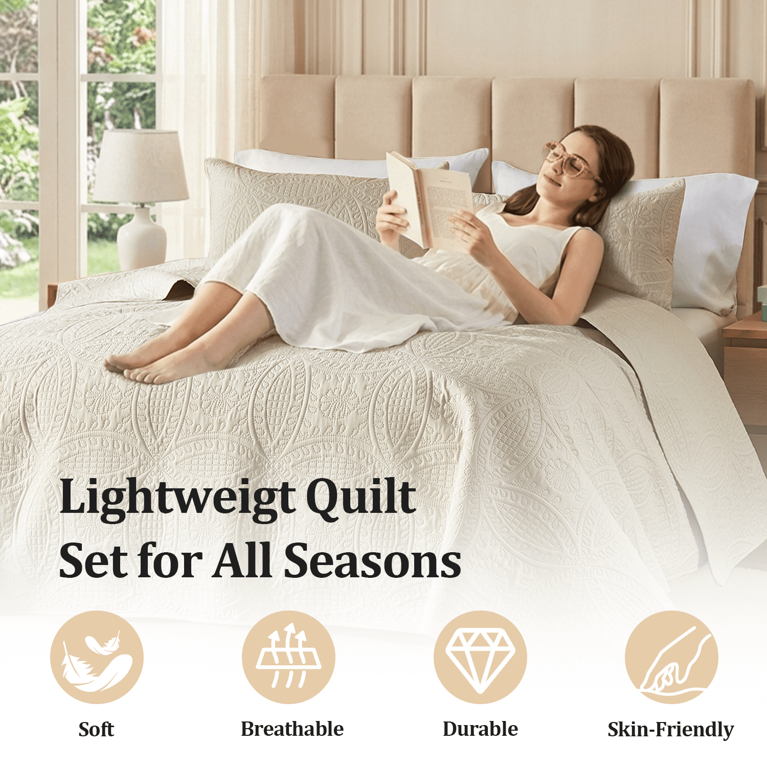 Flymme Quilt for King Beds Beige,3 Piece Soft Lightweight Bedspread with Pillow Sham, Modern Blanket Thin Comforter Bed Cover for Home Bedroom Decor