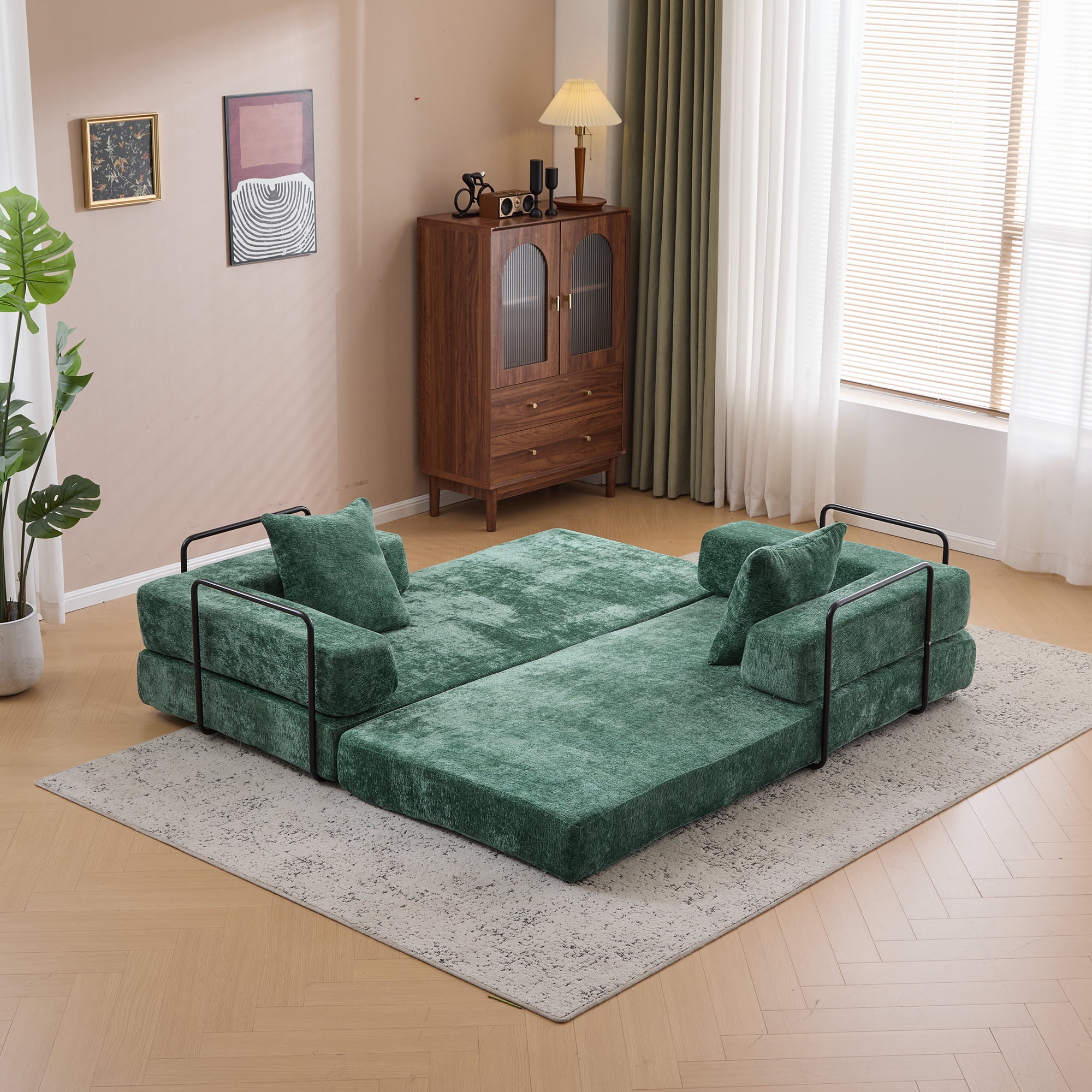 Miniyam 4 in 1 Convertible Floor Sofa Bed, Chenille Floor Couch with Armrest, Pillow for Living Room, Green