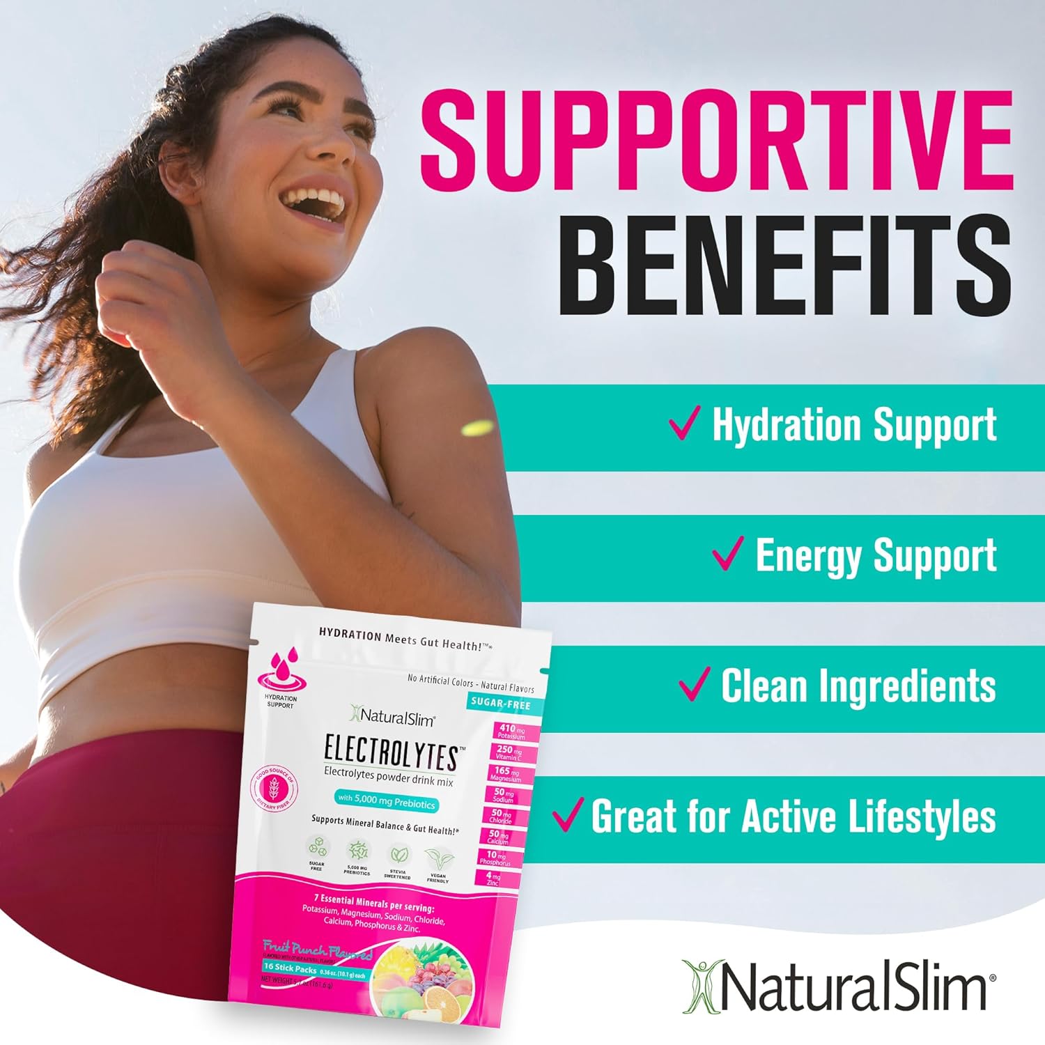 NaturalSlim Electrolytes Powder, Sugar-Free Hydration & Energy Drink Mix with Prebiotics, Fruit Punch, 16 Stick Packs (5.7 oz)