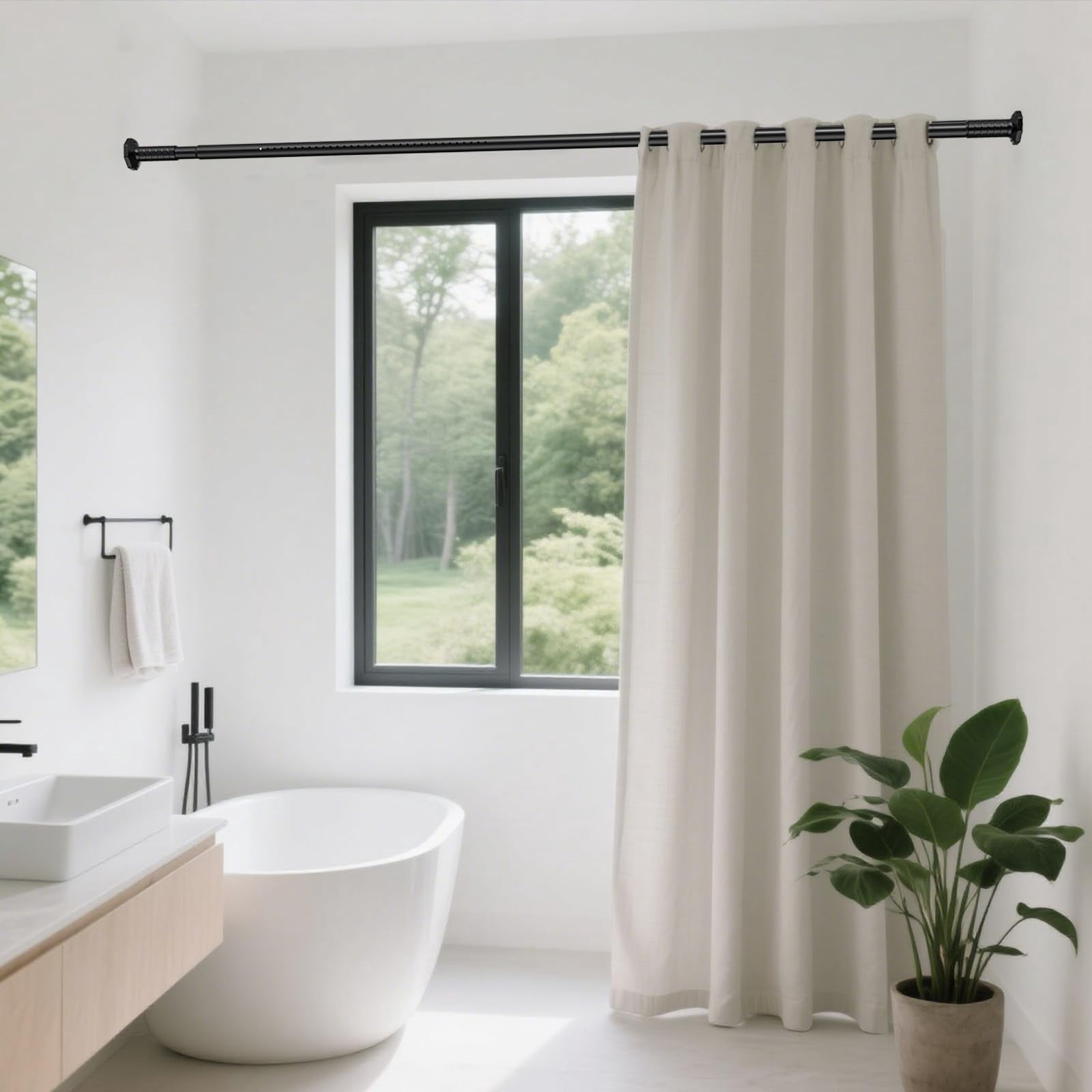 VEGCOO Tension Curtain Rod 51-86 In , Outdoor Curtain Rod No Drilling for Patio Window, Shower Curtain Rod for Bathroom, Adjustable Spring Heavy Duty Tension Rod Renter Friendly, Black