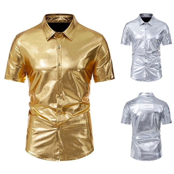 GERsome Mens Short Sleeve Metallic T-Shirts Summer Button Down Shiny Collared Shirt for Party, Gold Size L