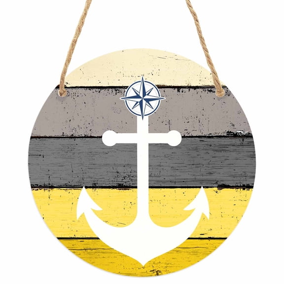 Nautical Anchor Round Front Door Welcome Sign, 5.9 Inch Wall Hanging Decor for Indoor Outdoor, Yellow Gray Gradient Wooden Grain Home Porch Hanger Decorations for Holiday Gift