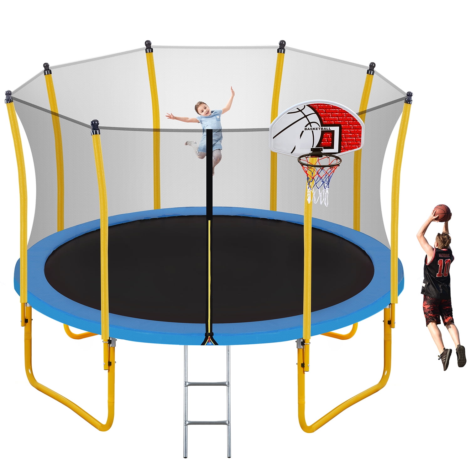 Kadyn Indoor Outdoor Mini Trampoline, 12FT Jumping Trampoline with Safety Enclosure Net, Metal Children Trampoline with Basketball Hoop and Ladder, Yellow Kadyn Indoor Outdoor Mini Trampoline, 12FT Jumping Trampoline with Safety Enclosure Net, Metal Children Trampoline with Basketball Hoop and Ladder, Yellow