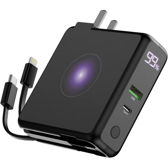 Sanag Portable Charger with AC Wall Plug & Built-in Cables,10000mAh USB C Power Bank with Wireless Charger,LED Display,4 Output 2 Input Power Pack Charging Compatible with Samsung iPhone Android Phone