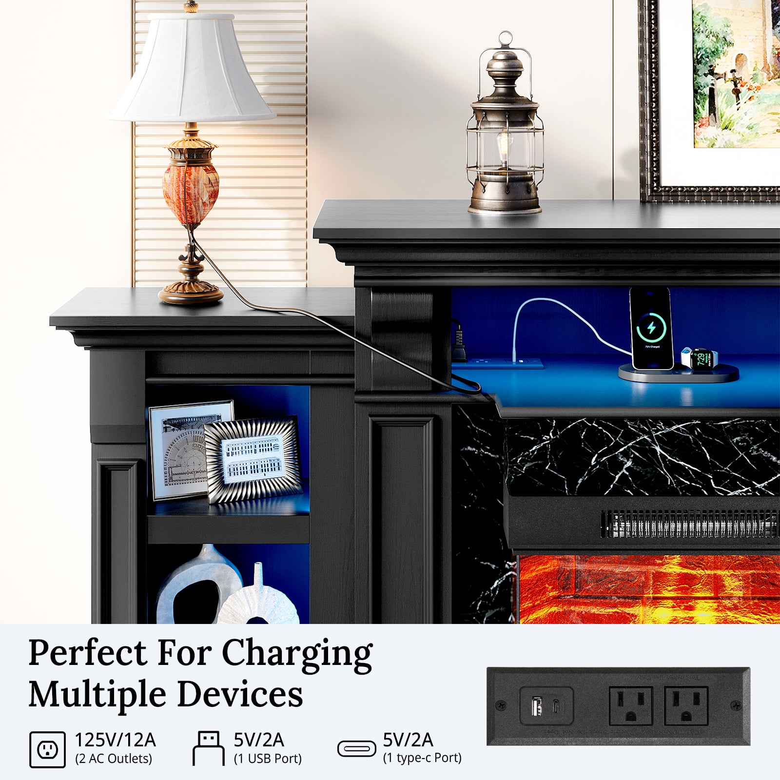 LGHM 72" Fireplace TV Stand with 3-Sided Glass Electric Fireplace & Charging Station & LED Lights for TVs up to 80", Black