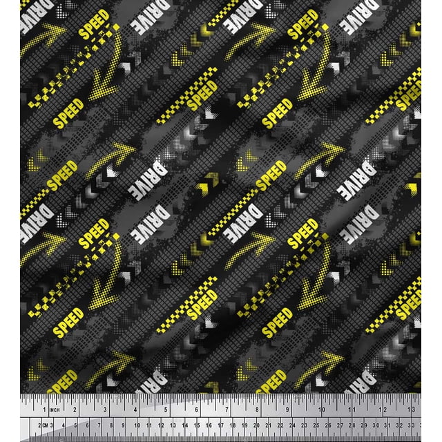 Soimoi Black Moss Georgette Fabric Brush Stroke & Speed Drive Text Decor Fabric Printed Yard 42 Inch Wide