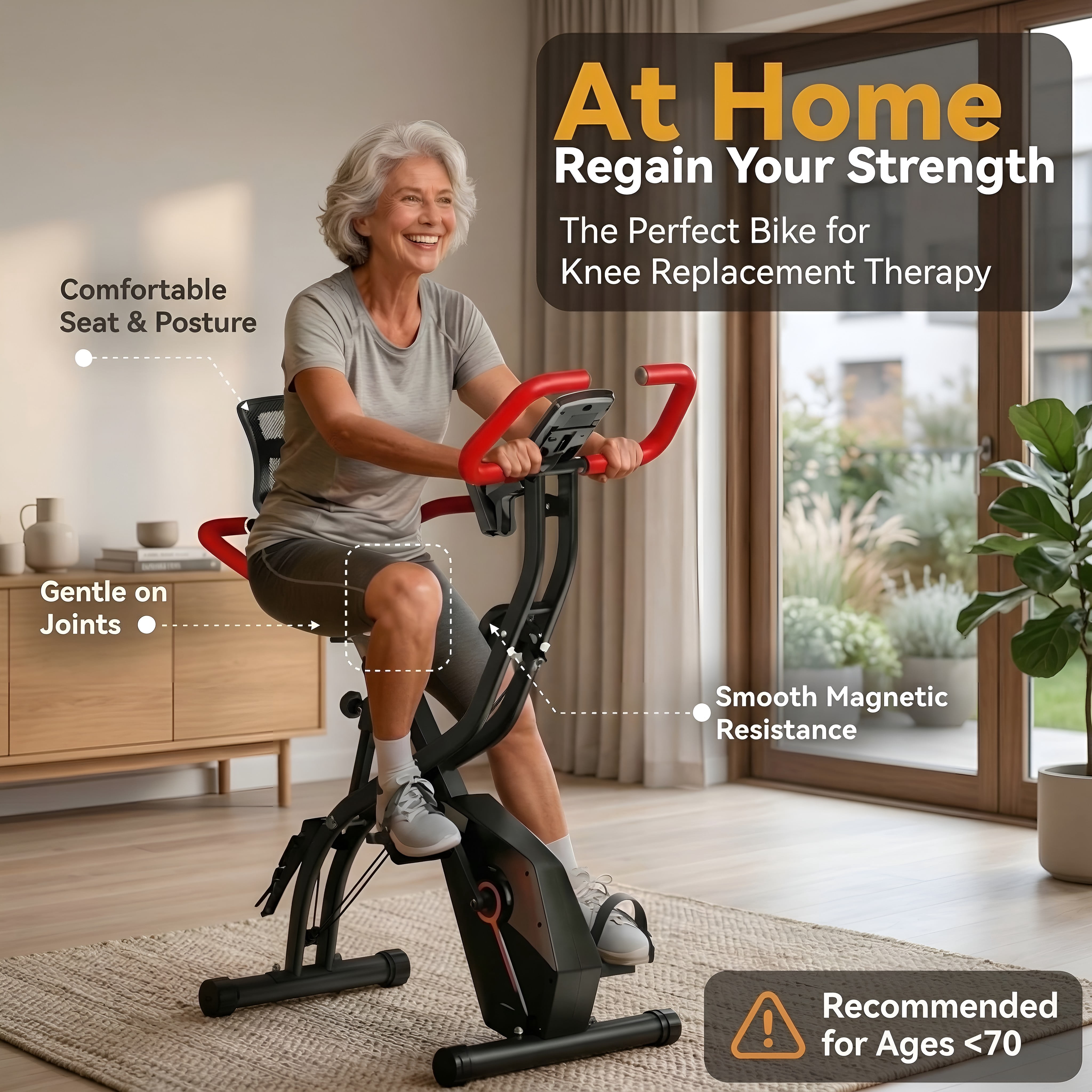 USLIM Foldable Stationary Exercise Bike for Home Workout, Indoor Cycling Design, Mesh Backrest, Wide Seat, Arm Resistance Bands, 300 lb Capacity, Red