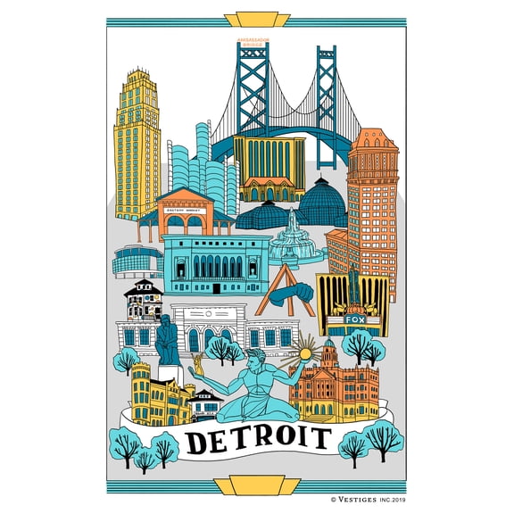 Vestiges Detroit Collage Souvenir Tea Towel 21.5" x 32" Eco-Friendly