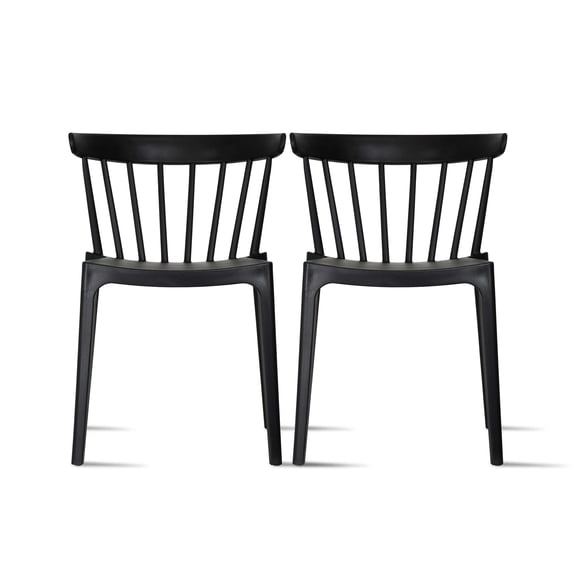 Set of 2 Modern Dining Elbow Side Chairs Molded Plastic Indoor and Outdoor Stackable Slat Back Patio Chairs, Black