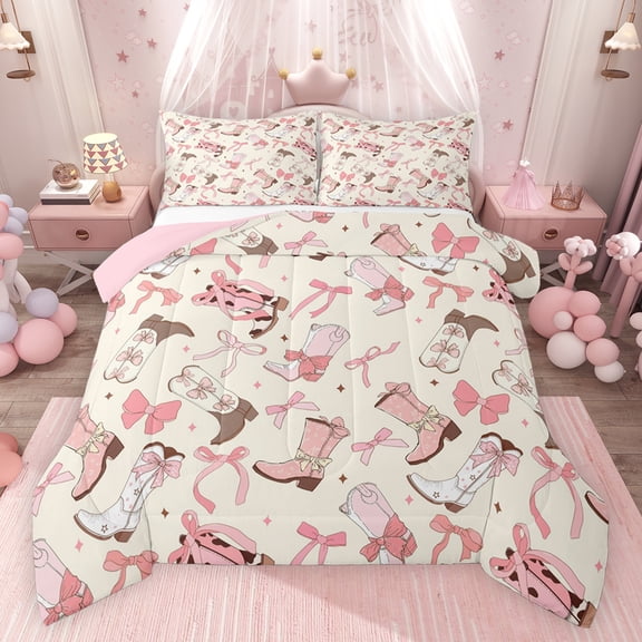 Feelyou Western Cowgirl Boot Bedding Comforter Set, Cartoon Princess Bow-tie Twin Comforter Sets, Teens Kids Girls Women Reversible Bedding Set, Breathable Home Decor, 2pcs