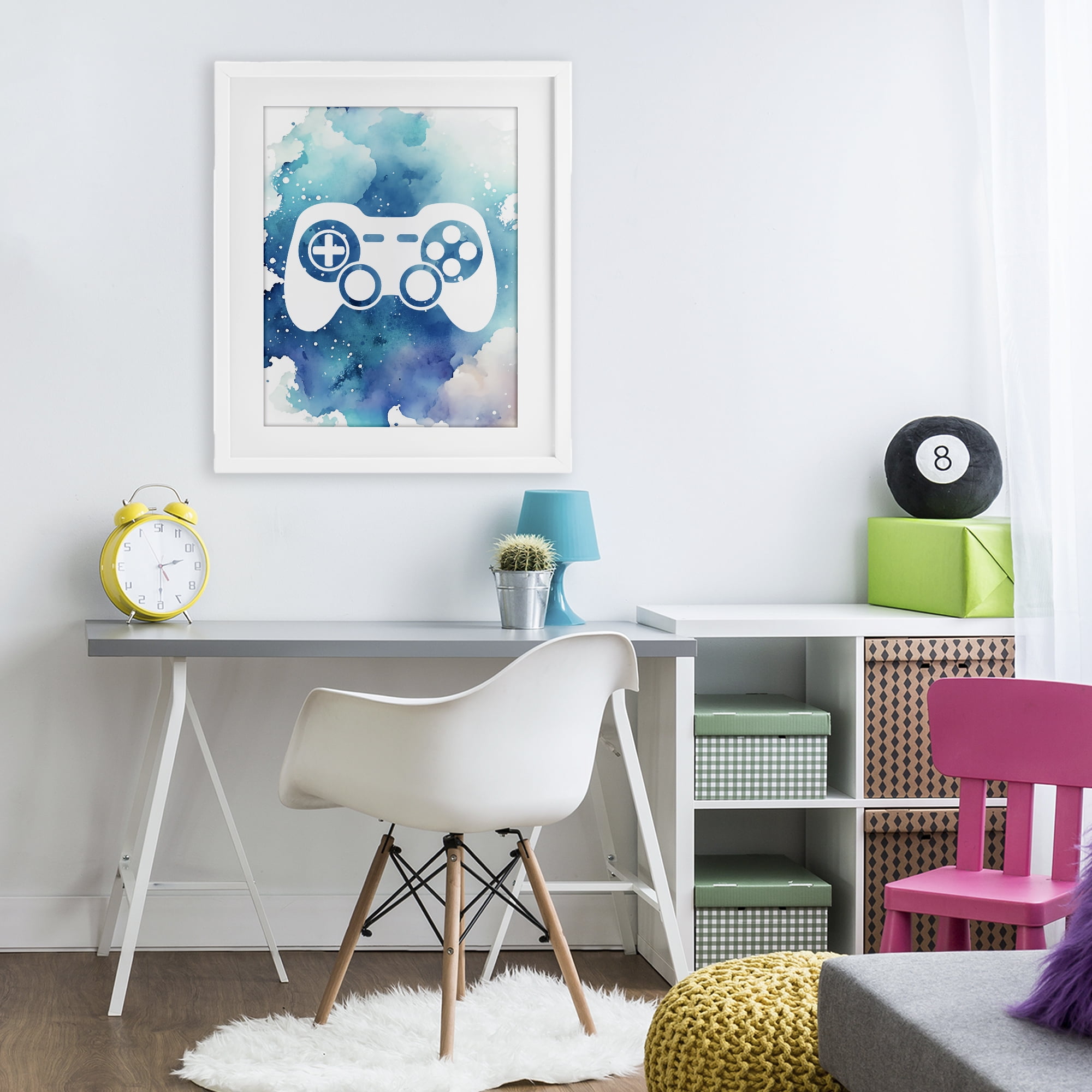 Blue Controller Splatter White Framed Print Under Glass, design by Marcus Prime