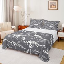 Manfei Wild Animal Dinosaur Full Size Sheets,Gothic Skeleton Bed Sheets,Gray White Sheet Sets For Girls Boys,Breathable Home Decor,4pcs
