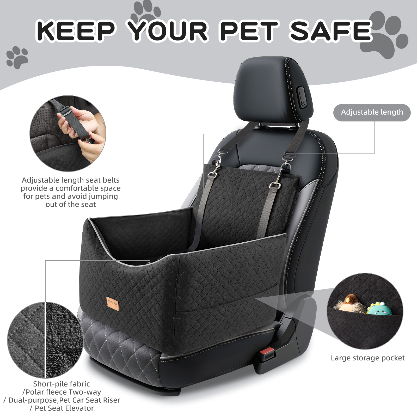 NIYAPAW Elevated Dog Car Seat for Small/Medium Dogs up to 35 lbs,Memory Foam Pet Booster Seat with dog car bed, Safety Pet Seat with Seatbelt Channel，Washable and Detachable (Black)