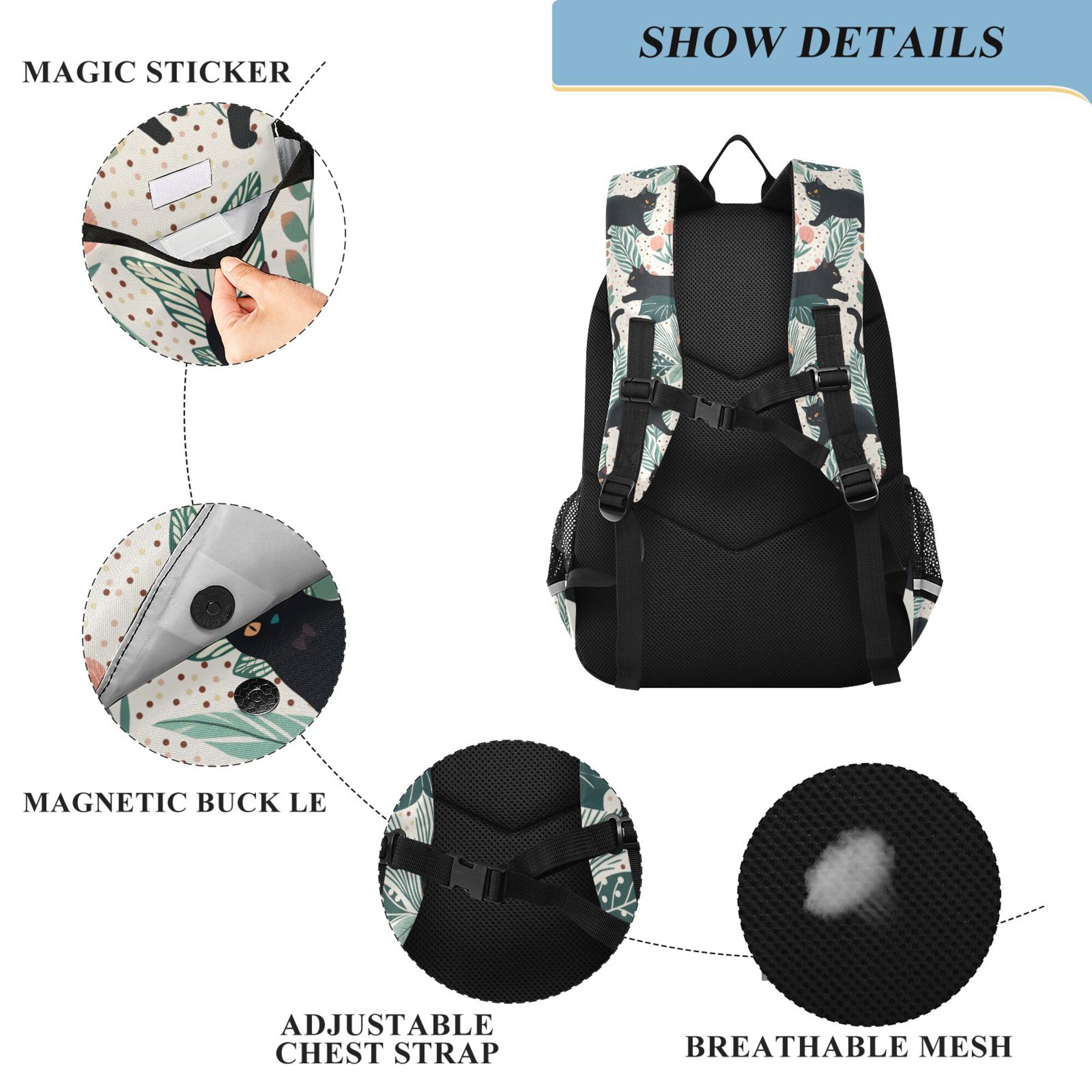 Mochila escolar unisex de 17", casual, para viajes, con bolsillos, estampado de gato negro 4