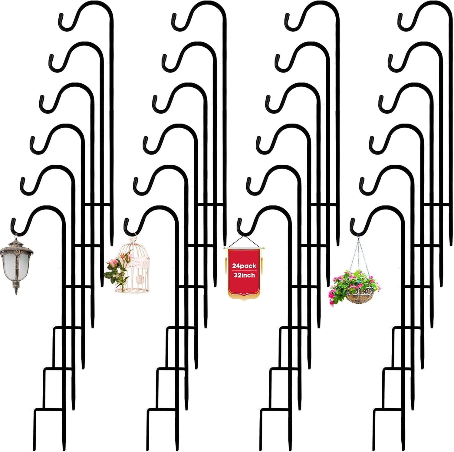 24 Pack 25 Inch Shepherds Hooks Outdoor Plant Hanger Metal Shepherd's Hook Black Garden Bird Feeder Pole for Hanging Solar Lanterns Flower Basket Jars Christmas Lights Wedding Decor