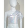 thumbnail image 2 of Yhong Kids Girls Shiny Sparkly One Shoulder Short Sleeve Dance Crop Top Hip Hop Street T-Shirts Silver 160, 2 of 7