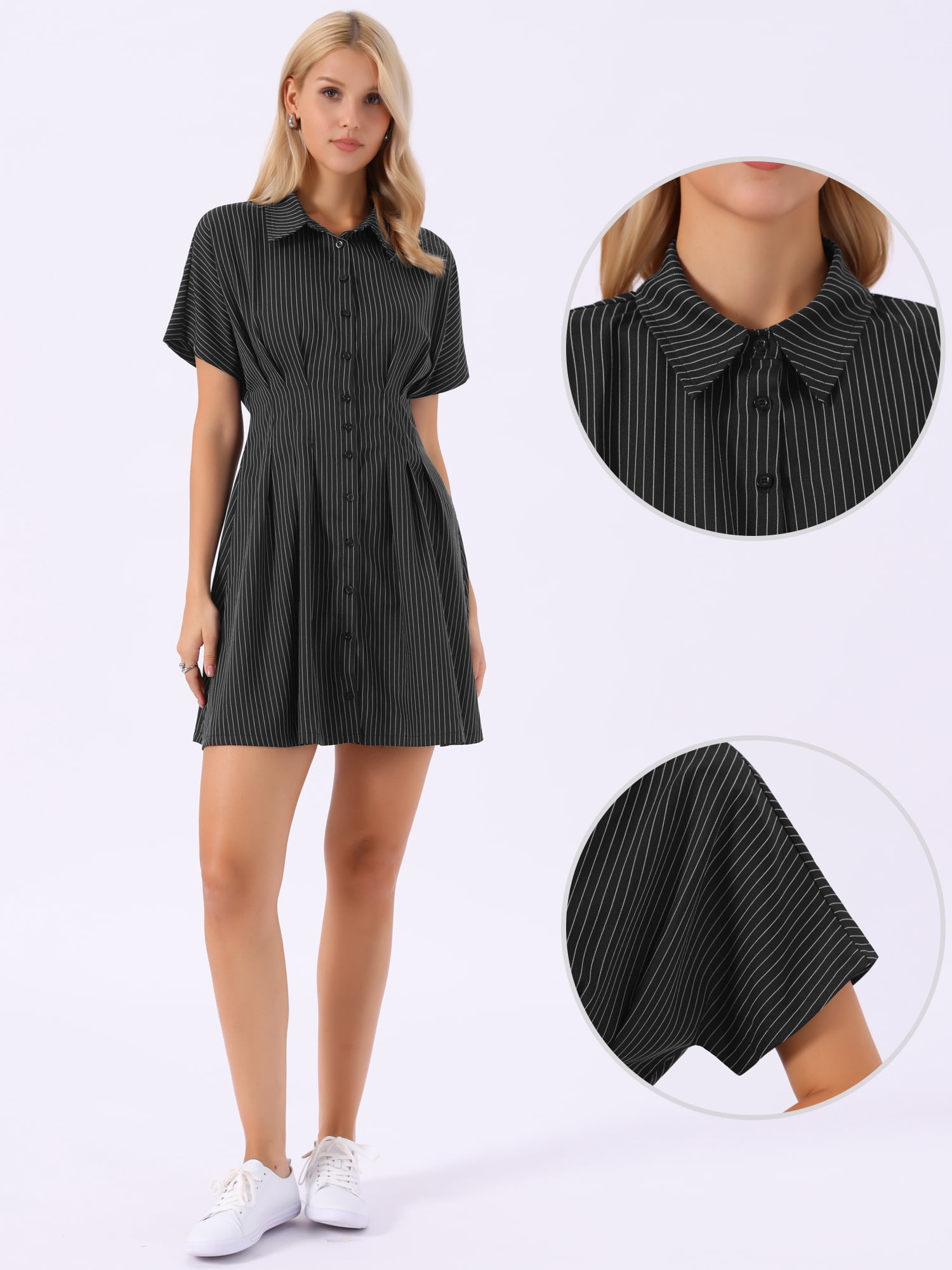 DARING DIVA Women's Striped Shirt Button Down Work Collared Mini Dresses S Black