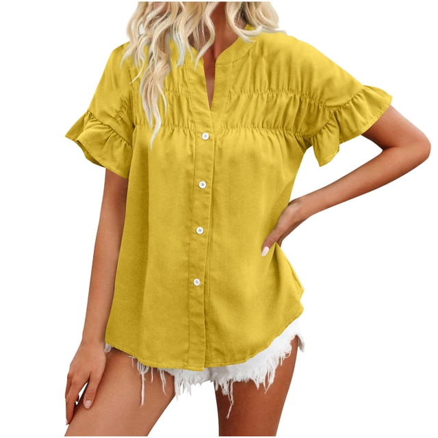 Timegard Tops for Women Ruched Ruffle Short Sleeve Stand Collar Shirts Casual Loose Button up Blouse