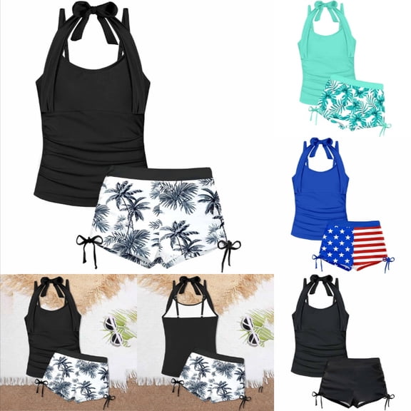 Ticikt Kids' Two-Piece Tankini, Girls' Halter Neck Top with Side-Tie Print Swim Shorts,White