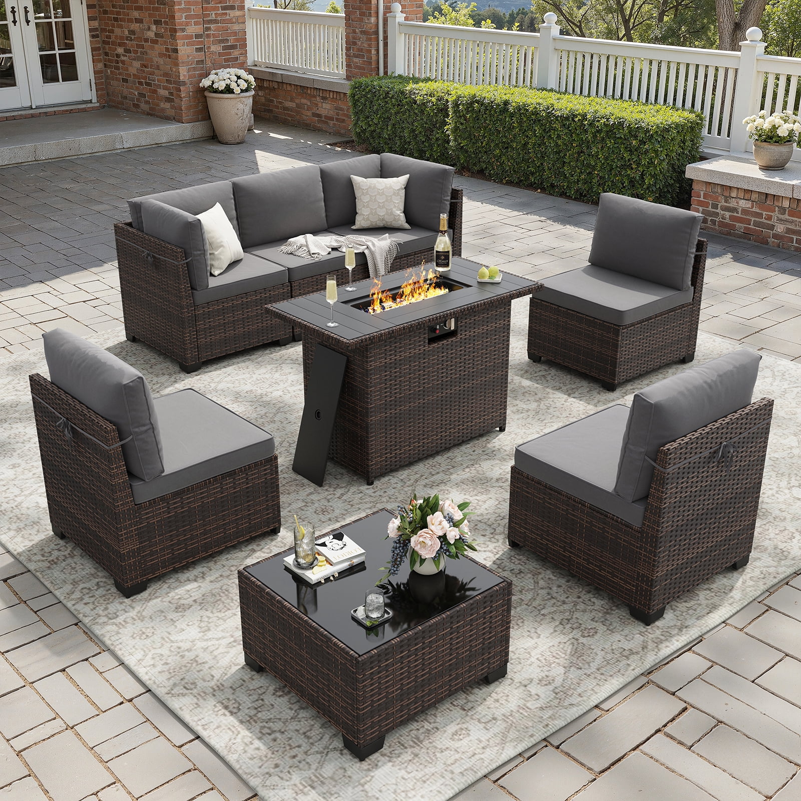STARY 8 Pieces Outdoor Furniture Set with Fire Pit Table, Wicker Patio Sectional Sofas, All-Weather Outdoor Conversation Set for Garden, Grey