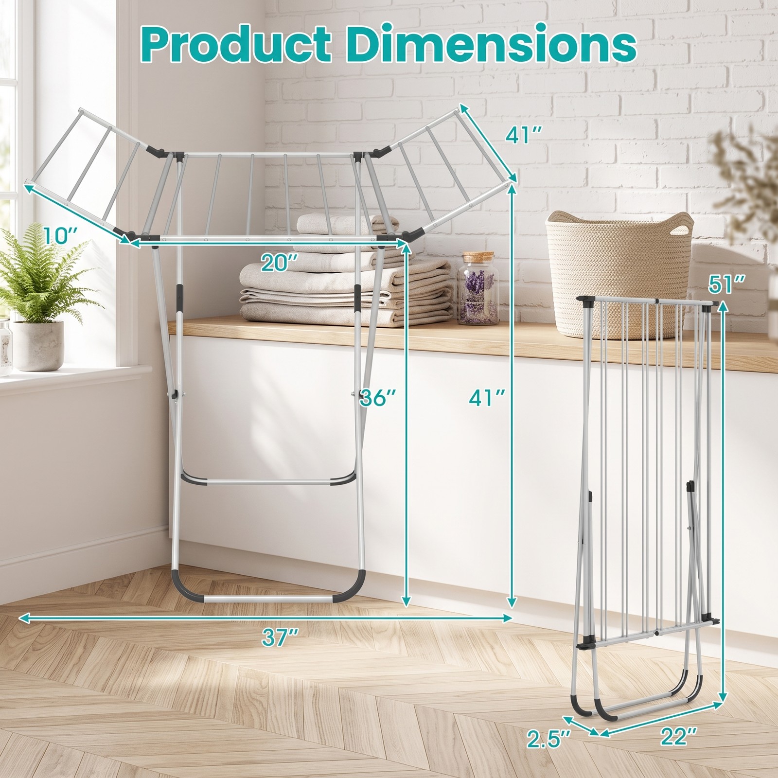 Fenbeli Folding Aluminum Clothes Drying Rack with 2 Side Wings, Rustproof Foldable Laundry Drying Stand for Indoor Outdoor, 60 ft Drying Space, 14 Rods, Silver